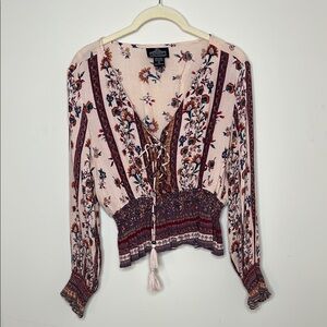 Angie Cream Red Long Sleeve Tie Front Blouse